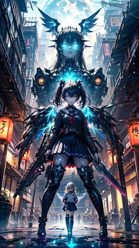 masterpiece,(Best Quality),Very detailed,Very detailed,One メカニカル high schoolgirl and one giant robot,(Fantastic landscapes of Japan、Cyberpunk Kyoto city and Temple:1.2),(BLACK Gothic punk high school girl costume、Navy color pleated skirt、Knee-high boots:1....