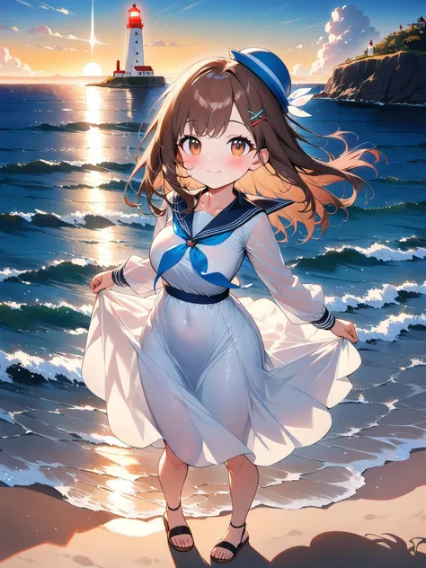 cute girl, (medium hair), (shoulder length hair:1.2), wavy brown hair, colorful hairpins, (bright expressive brown eyes), slight blush, petite body, (shortstack), (big breasts:0.4), natural round breasts, cute outfit, white blouse, frills, sailor collar, m...