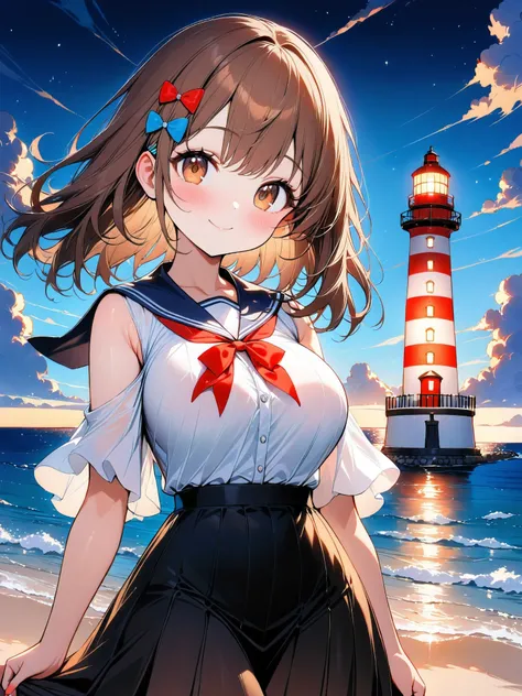 cute girl, (medium hair), (shoulder length hair:1.2), wavy brown hair, colorful hairpins, (bright expressive brown eyes), slight blush, petite body, (shortstack), (big breasts:0.4), natural round breasts, at Night, cute outfit, white blouse, frills, sailor...