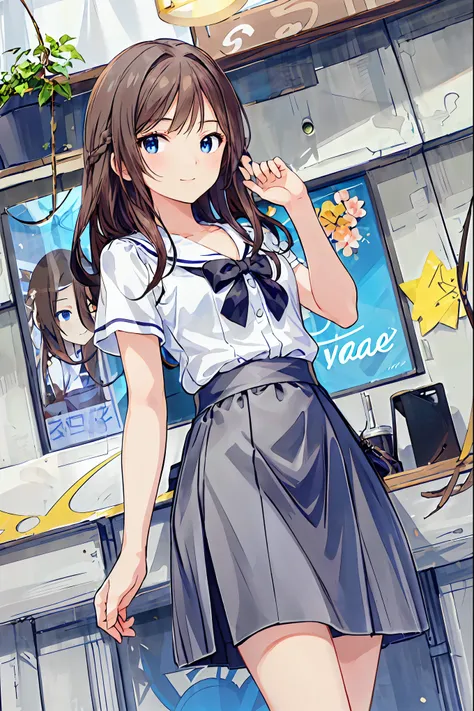 (child)，Best Quality，Beautiful face in every detail，cute，Dark brown eyes，(背の低いcute女の子，Young student，Young and delicate girl）,（masterpiece，Best Quality)，Black Hair，Sleepy look，Short sleeve white shirt，Checkered Skirt，Pathetic，Pathetic，Pathetic，Brown Hair，Sh...