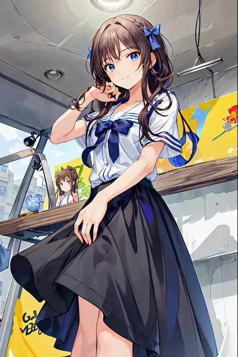 (child)，Best Quality，Beautiful face in every detail，cute，Dark brown eyes，(背の低いcute女の子，Young student，Young and delicate girl）,（masterpiece，Best Quality)，Black Hair，Sleepy look，Short sleeve white shirt，Checkered Skirt，Pathetic，Pathetic，Pathetic，Brown Hair，Sh...