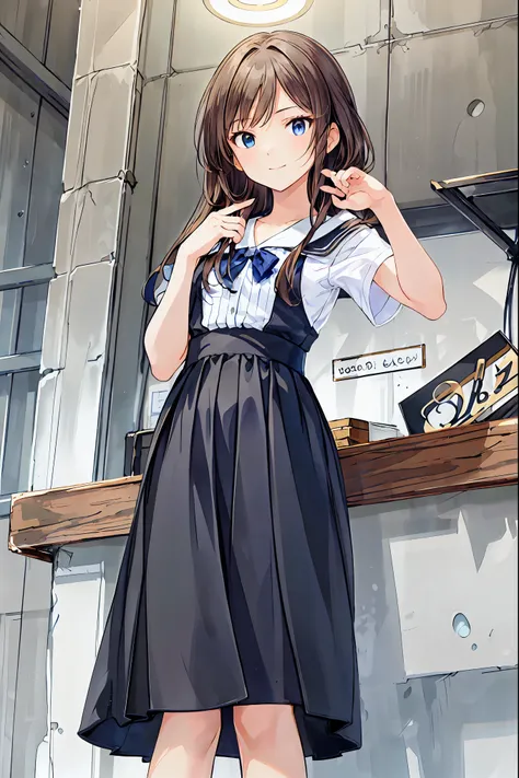 (child)，Best Quality，Beautiful face in every detail，cute，Dark brown eyes，(背の低いcute女の子，Young student，Young and delicate girl）,（masterpiece，Best Quality)，Black Hair，Sleepy look，Short sleeve white shirt，Checkered Skirt，Pathetic，Pathetic，Pathetic，Brown Hair，Sh...