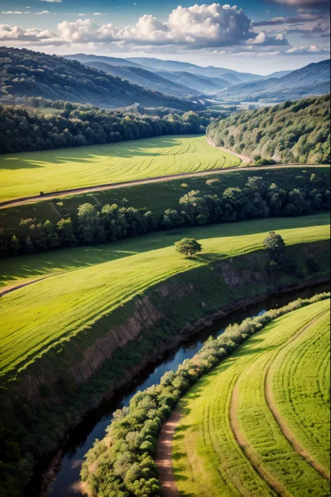 a beautiful landscape with rolling hills, small villages, and cultivated fields seen from above through a gap in the clouds, realistic, photorealistic, highly detailed, 8k, masterpiece, glowing light, warm color tones, dramatic lighting, aerial view, vibra...