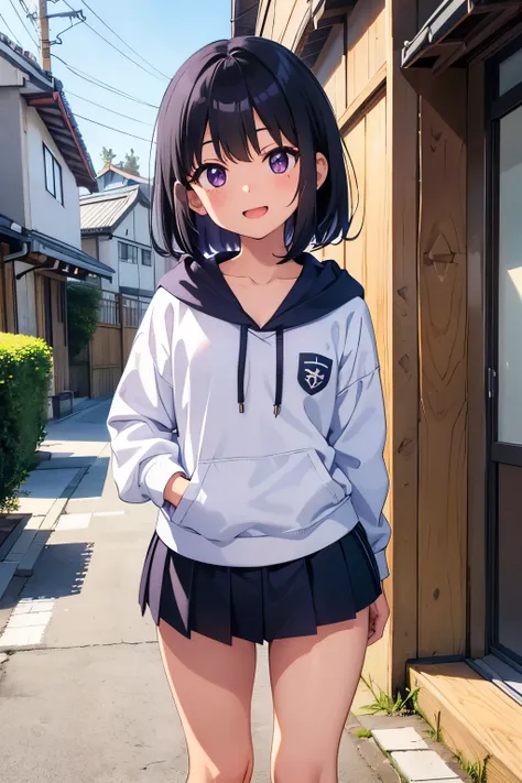 Elementary school student, , toddler, flat chest, black hair 　Wavy short hair　Purple Eyes　Open Mouth Smile　Black hooded top　Navy blue mini skirt　White panties　（（I can see her panties））　White socks　sneakers　In front of the entrance of a Japanese house　Stand...