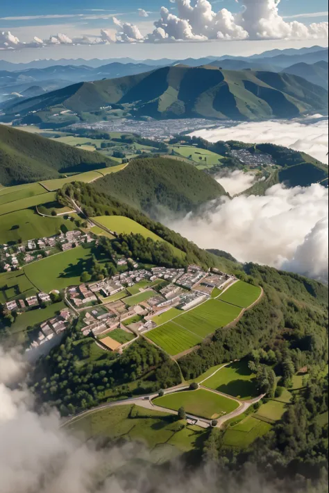 visit from above, through the clouds you can observe a landscape of hills, small villages and cultivated fields