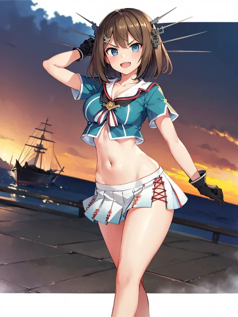 best quality, integrated scenery, integrated background, extremely delicate and beautiful, meticulous details, good composition, , cute face, perfect face, perfect hands,an anime style ,1young_teen_ girl, brown_hair, medium_bob_hair, blue_midriff_baring_s...
