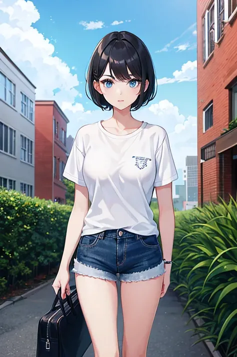 1girl, short black hair, blue eyes, wearing plain white shirt, denim shorts, city, absurdres, high res, ultrasharp, 8K, masterpiece, looking at viewer