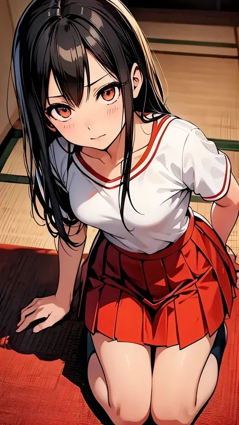 kneeling, (turning around), anime, realistic, azuki miho, heroine of the japanese manga "bakuman", black hair, red pleated skirt