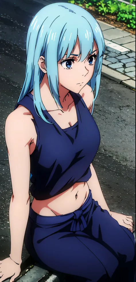 masterpiece, highres, solo, 8k, detailed, perfect face, best quality, (ultra high quality),  cropped tank top, collarbone, sleeveless, medium breasts, blue hair, long hair, dark blue eyes, navel, (blue hakama),street 