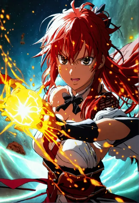 Rias Gremory casting energy balls from her hands, fighting a demon