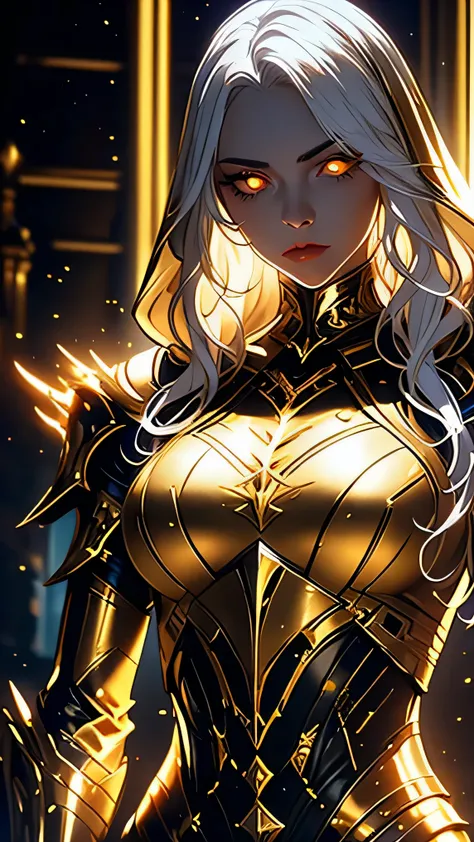 short wavy white hair, glowing gold eyes, beautiful woman, Sharp focus, pro lighting, cinematic,(Realistic face details), complicated details, very high details, Realistic photos, 8k, super details, UHD, dynamic camera angle, dynamic pose, hooded, light ar...