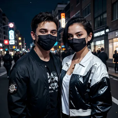 Couple boy and girl, 1 handsome boy and beautiful girl with white bomber jacket (short hair), black hair, blue eyes, street style, gradattion jacket black, night city background, shiny, viewing viewer, upper body, with mask, (sexy shirt)