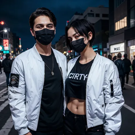 Couple boy and girl, 1 handsome boy and beautiful girl with white bomber jacket (short hair), black hair, blue eyes, street style, gradattion jacket black, night city background, shiny, viewing viewer, upper body, with mask, (sexy shirt)