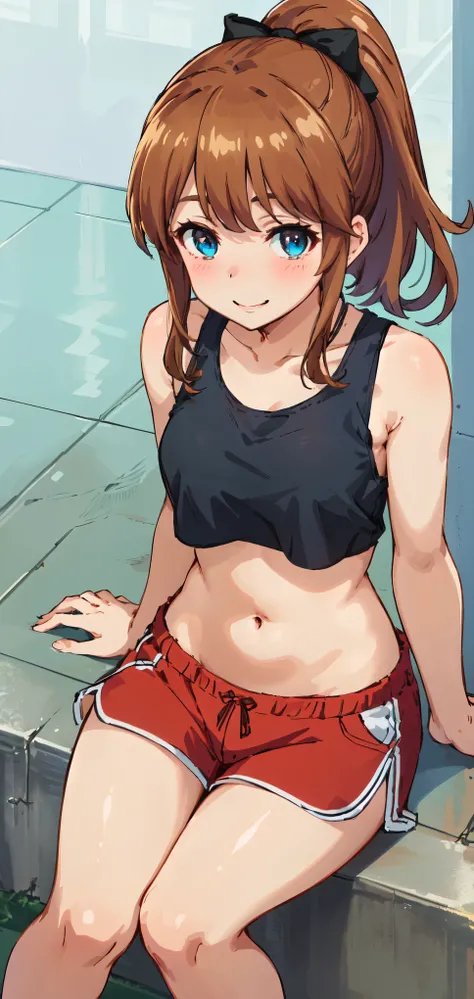 best quality, (masterpiece:1.2), highly detailed, standing, street,
1girl, solo, akatsuki minami,
looking at the viewer, smile, slight blush,
blue eyes, brown hair, ponytail, hair bow, sleeveless, (((cropped tank top, navel, sitting)))