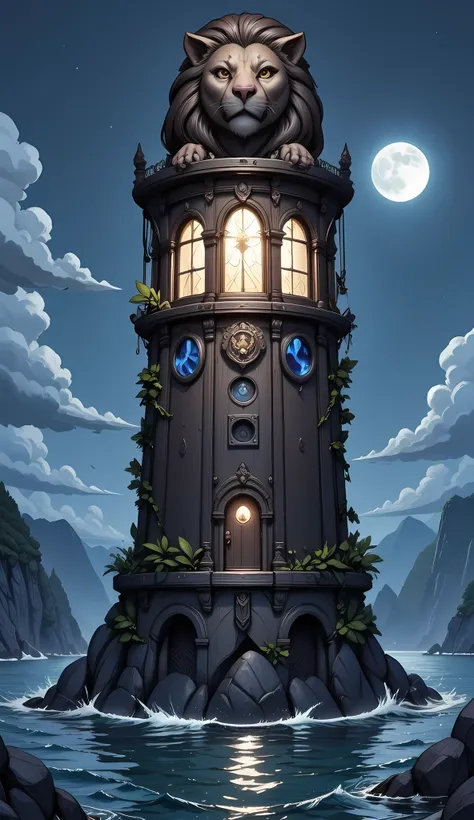 there is a magical lighthouse whose top is in the shape of the ((head of a lion: 1.4)), it is standing in the sea part of the wall surrounding the city of elves, it is made by tree and has vines climbing its walls. the top of the lighthouse is in the shape...