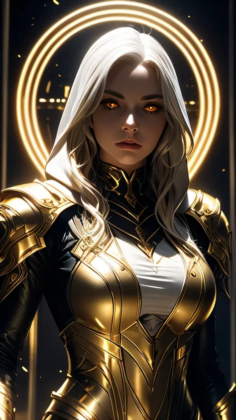 short wavy white hair, glowing gold eyes, beautiful woman, pro lighting, cinematic,(Realistic face details), complicated details, very high details, Realistic photos, 8k, super details, UHD, dynamic camera angle, dynamic pose, hooded, light armor, gold arm...