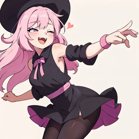 Create an anime-style image featuring a cheerful female character with long, straight pastel pink hair, with bangs gently falling over her forehead. The character has a happy and excited expression, with blushing cheeks and an open mouth showing sharp fang...