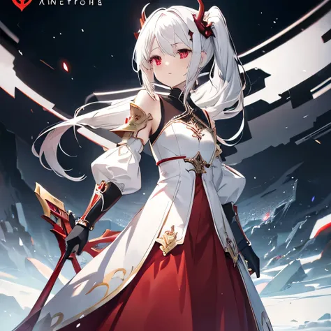 Wearing a red and white dress Highly detailed official artwork, Epic Light Novel Cover Art, epic Light novel cover art, Silver armor, Anime style 4K, Detailed key animation art, Light novel cover art, Anime Fantasy Artwork，White hair and red eyes、Side Pony...