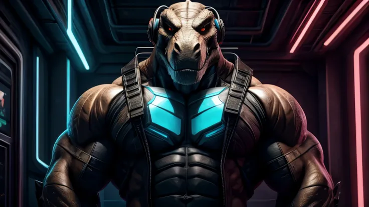 Tyrannosaurus Rex with human body, posing from the front, muscular and strong body, cyberpunk style, body with Tyrannosaurus Rex skin, humanoid and wearing gamer-style headphones.