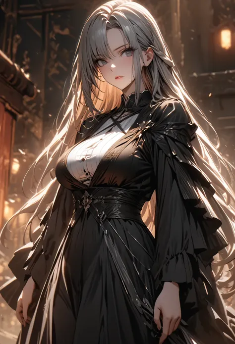 ((solo)), (woman), gray eyes, ((grey hair)), long hair, full straight hair, (mature adult), ((old)), ((mature)), tall, fit, broad, big breasts, a close up of a person, detailed key anime art, casimir art, masamune shiro, masamune, beautiful girl in demon s...