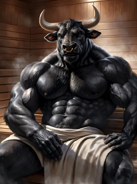 Sharp focus, masterpiece, 8k, intricate artwork, hyper detailed, high detail, best quality, perfect colors, perfect shadows, perfect lighting, posted on e621, furry body, close-up, front view, anthro bull, (massive strongman, beefy bodybuilder, abs, buff, ...