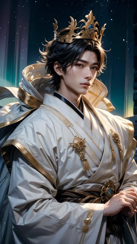 Cool Japanese men、One-off、Face and body facing forward、From the chest up、Gorgeous outfit、Wearing a gorgeous crown、Neutral facial features、White skin、The background is the aurora