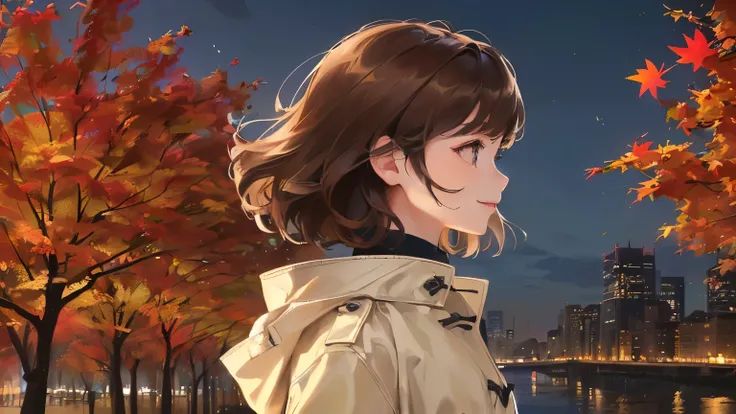 ((One Girl))),((((stroll)))、((Autumn night city background))),(((Smile))),(((Perm short brown hair))),(((Side view))、(()),,Masterpiece,best quality,,((Coat))、(())、determined expression, Upper body diagram、 (Highest Resolution、Clear_image)、Best Quality、Ligh...