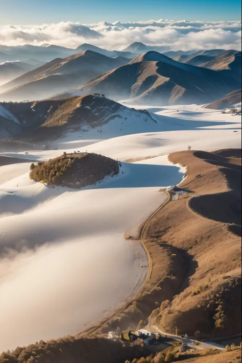 vist from the sky, through a space between the clouds you can observe a landscape of hills, small villages and fields, winter la...