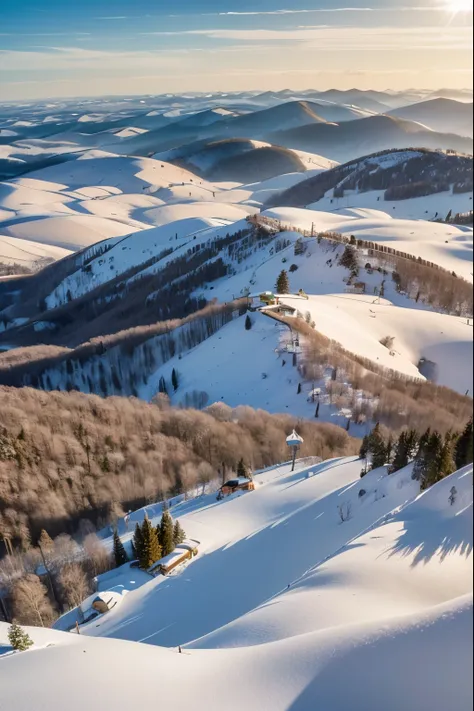 vist from the sky, through a space between the clouds you can observe a landscape of hills, small villages and fields, winter la...