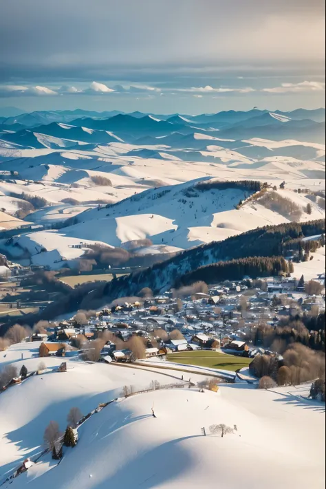 aerial view, through a gap between the clouds you can observe a landscape of hills, small villages and fields, winter landscape