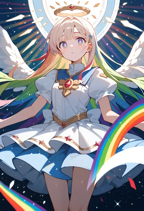 ((best quality,(masterpiece:1.2)，perfect composition， 【sweet outfit，Short skirt, Highly detailed face and skin textures, delicate eyes，anime style，Angel，light hair，long hair，Shiny background　Particles of Light, rainbow colored edges