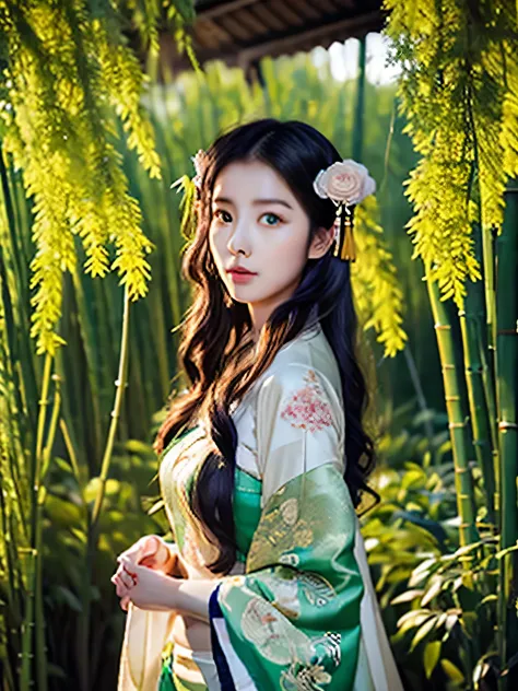 original photo of a very beautiful Chinese woman with a round face, her face looking towards the viewer, long curly black hair slightly tied back, wearing a white and green hanfu with a beautiful and elegant dragon motif, slightly loose, the effect of the ...