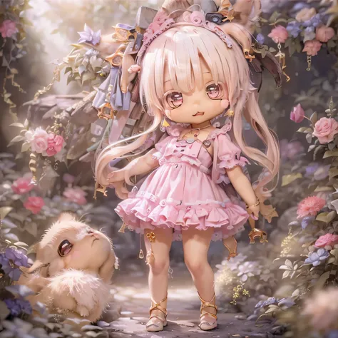 In the garden, smile, Similar to Chi from Made in Abyss. She is beautiful, beautiful eyes and lips.  (((chibi style,))) . The image quality is excellent, Highly detailed and realistic features. The medium of this work is、Combining illustrations and photore...