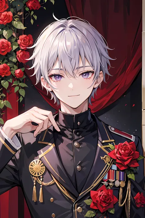 Young man, grey short hair, purple eyes, smile face, soldiers uniform black and red, handsome man, cool boy,  mansion background with rose garden