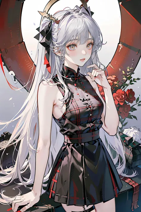 ((best quality,(masterpiece:1.2)，perfect composition，silver hair、red eyes，long hair、a good looking girl、alone、cartoon、Plaid Mini Skirt、black camisole、skirt、ribbon、Broken Halo，color block background