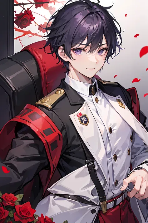 Young man, grey short hair, purple eyes, smile face, soldiers uniform black and red, handsome man, cool boy,  mansion background with rose garden