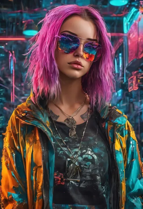 create an image demonstrating the style of ((cyber grunge)) style, hyper realism, 8k high definition, vibrant colors, sharp focu...