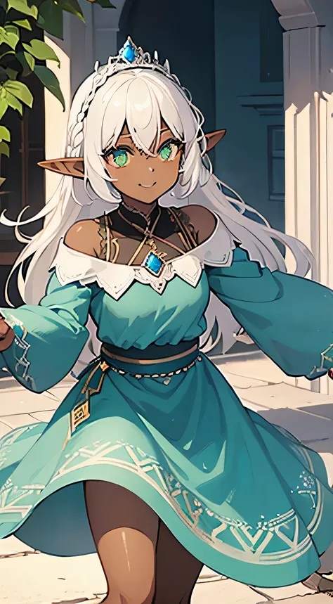 ((Dark Skin)),((Elf Woman)),((White Hair)),((Green Eyes)), ((Princess blue dress)),((Cheerful))