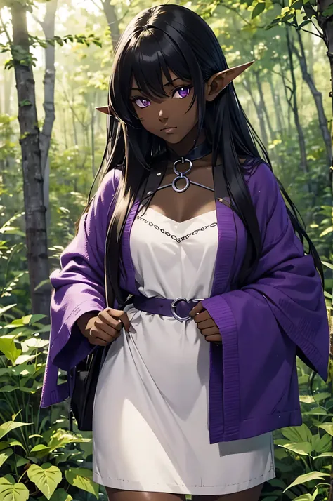 I want to make an anime character. She is in a forest. She is a dark elf and has dark skin.. She is carrying a bow. He has big purple eyes.. She is and young, elf 18 years old