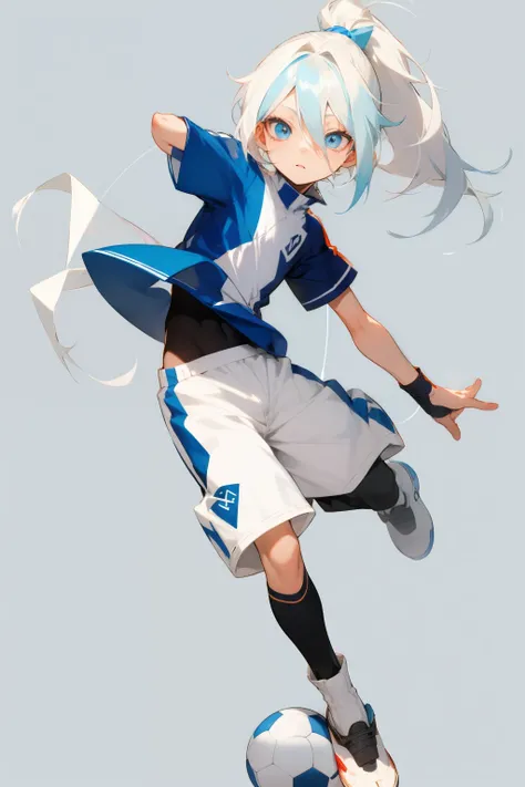 anime, , Light blue eyes, Simple Background, .solo, Character portrait.Half Up..boy.Half Up、Bob Hair、Half Up、White Hair、Light blue two-tone、soccer uniform、Setting diagram、hairs between eyes、half-up、Half-up ponytail