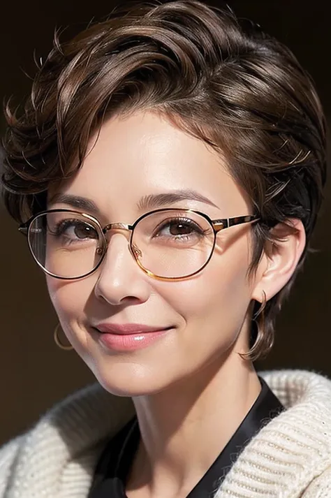 One person, Gaze, smile, ((very short brown hair, slightly curly on the head, short on the sides, shiny))  50 year old woman with wrinkles around the eyes and ((glases with full-rim brown glasses))