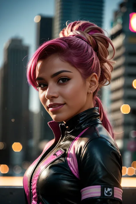 Portrait photo of a young Latina woman, (laughs:0.7), posing, Looking at a camera, pink hair ponytail, complex city background, backlit, (cinemactic:1.5), epic realistic, hyper detailed, insane details, intricate details, Highlight lighting, volumetric sof...