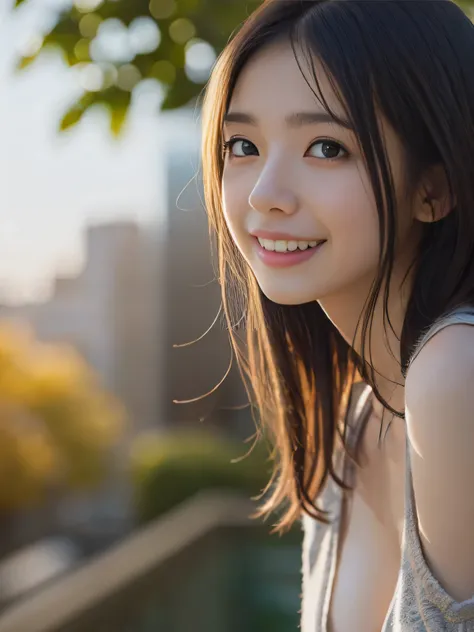 RAW Image Quality、8k resolution、Ultra-high-definition CG images、Night cityscape、(Ginkgo in Autumn)、moonlight、One beautiful woman、high school student, Beautiful eyes details、Beautiful beautiful medium hair、Beautiful Skin、Oversized hoodie、Short tank top、Big ...