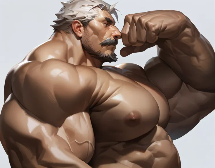 by_lindong,(good finger, perfect finger, perfect hand:1.3), solo, 1boy, Muscular old man, wide shoulder, flexing, (wide pec, massive muscle, side view), thick arms, standing, simple dark background, short white hair, detailed, side view, shorts, shirtless,...