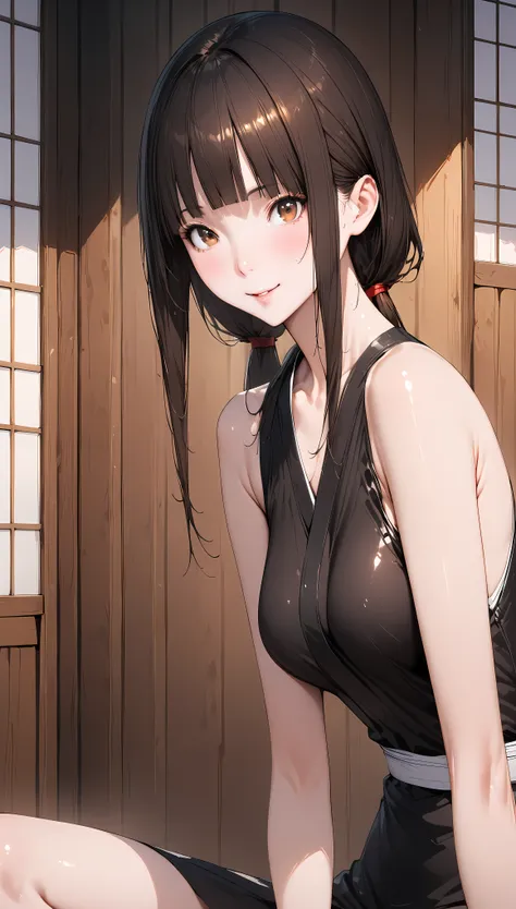 ((masterpiece,Best Quality:1.3,best quality illustrations,realistic)),close-up of face,portrait,1 woman,adult,(low ponytail),straight long hair,dark brown hair,very small head,bangs,brown eyes,(gorgeous big eyes),smile,very long body,medium breasts,slender...