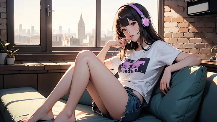 anime、High image quality、High resolution、（Woman drinking coffee）、（listening to music on headphones）、Purple long hair、Beautiful Eyes、Sitting on the sofa、（Full body portrait）、Stylish living room、Brick wall、（Outside the window is the city night view）、（White p...