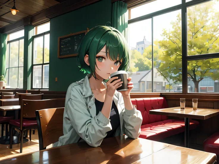 anime、High image quality、A woman is drinking coffee、Green Hair、Short Hair、White short jacket、Calm atmosphere、Early morning café、Blue jeans、Red sneakers、The sunlight is streaming in through the window、A cafe with a woodsy atmosphere、