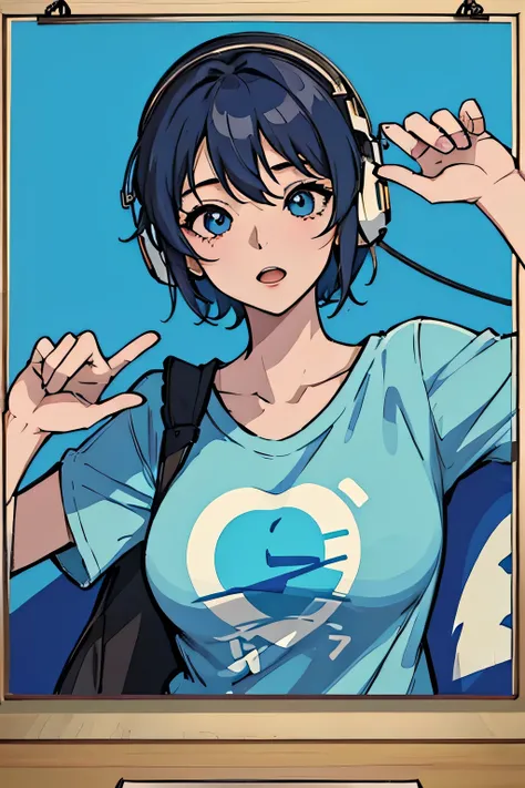 anime、High image quality、Female bust shot、listening to music on headphones、Sky blue short hair、Wearing round sunglasses、graphicＴshirt、((Poster Style))、