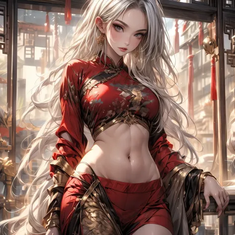 ((best quality)), ((Masterpiece)), ((Enrich the picture，Masterpiece level quality)), ultra background details, an image of a beautiful cyberpunk woman, mature woman, fierce woman, chinese theme, hips up, fantasy, ((golden hair, long hair)), beautiful white...