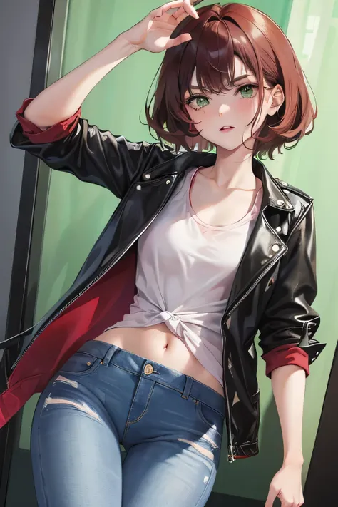 masterpiece, best quality, 4K, young girl, Tomboy style, serious expression, short dark red hair, green eyes, Light pink lips, small breasts, black jacket and jeans.